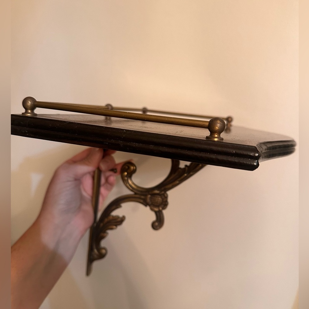 Vintage Brass and Wood Ornate Wall Shelf